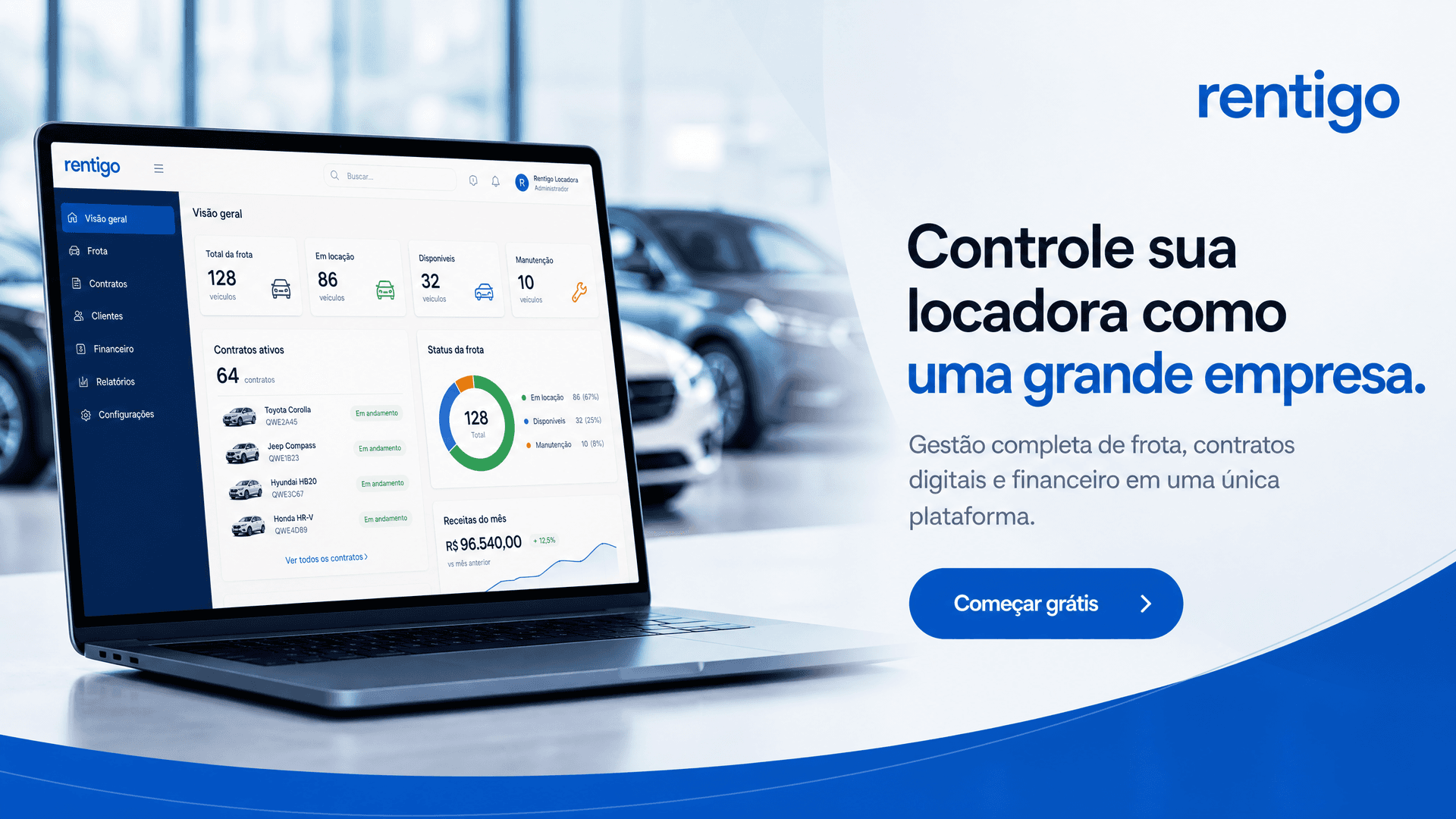 Painel Rentigo mostrando visão geral da frota, contratos ativos e receitas do mês