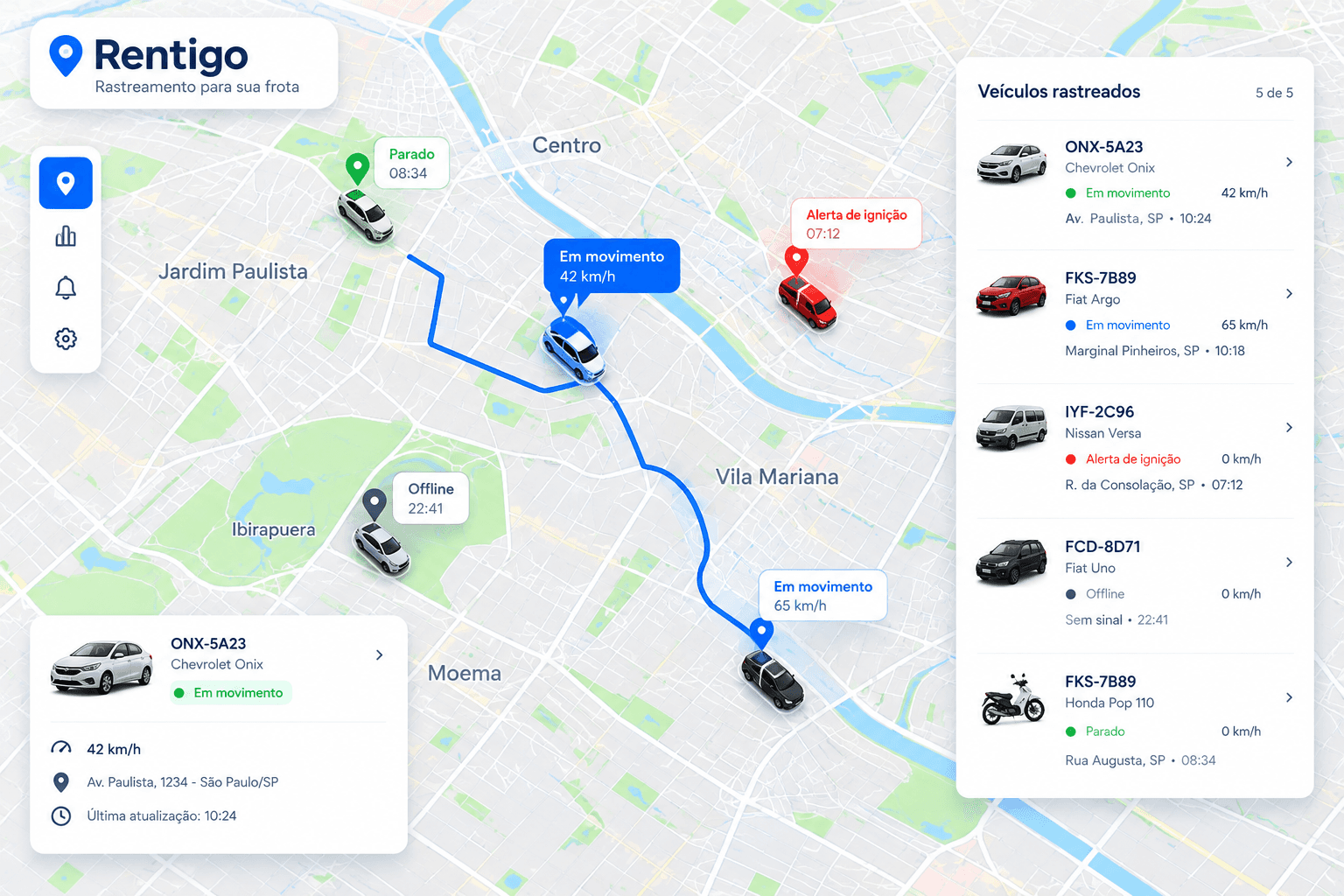 Mapa da frota em tempo real no painel Rentigo